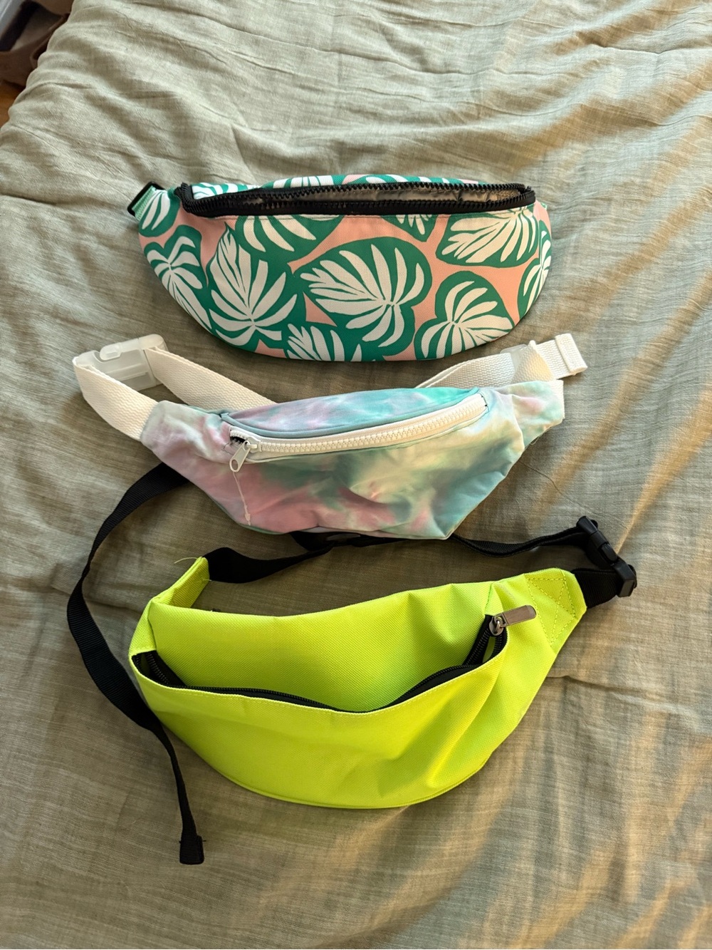 Tropical Leaf Pink & Green Fanny Pack + Pastel Tie-Dye & Neon Yellow Trio